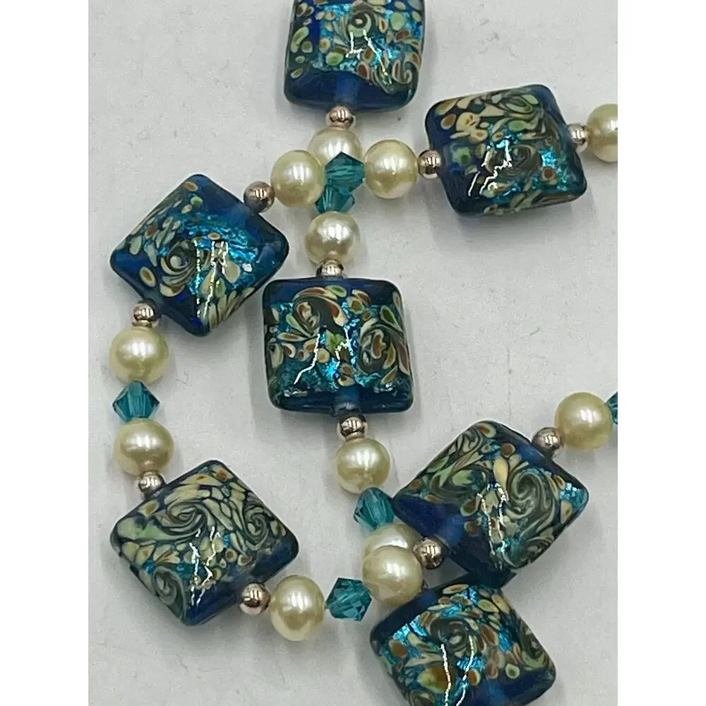 Murano Glass Necklace Sterling Silver Clasp Freshwater Pearls Blue Gold Van Gogh